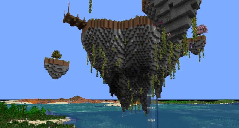 Die schwebende Spawn-Insel von unten mit Ranken, Glas-Aufzug und Nebeninseln