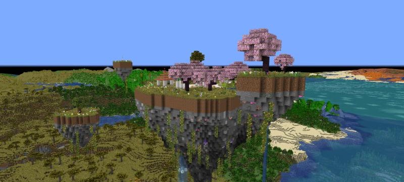 Die Spawn-Insel mit Kirschbäumen und Wasserfall über der Küste